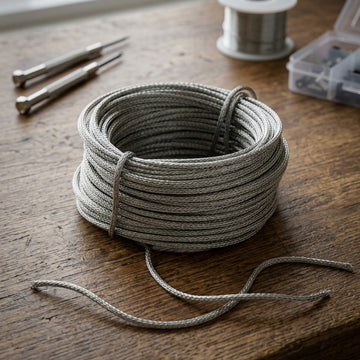 A coiled bundle of light gray braided cord or rope sits on a rustic wooden tabletop, with a few metal tools and a small plastic organizer blurred in the background.
