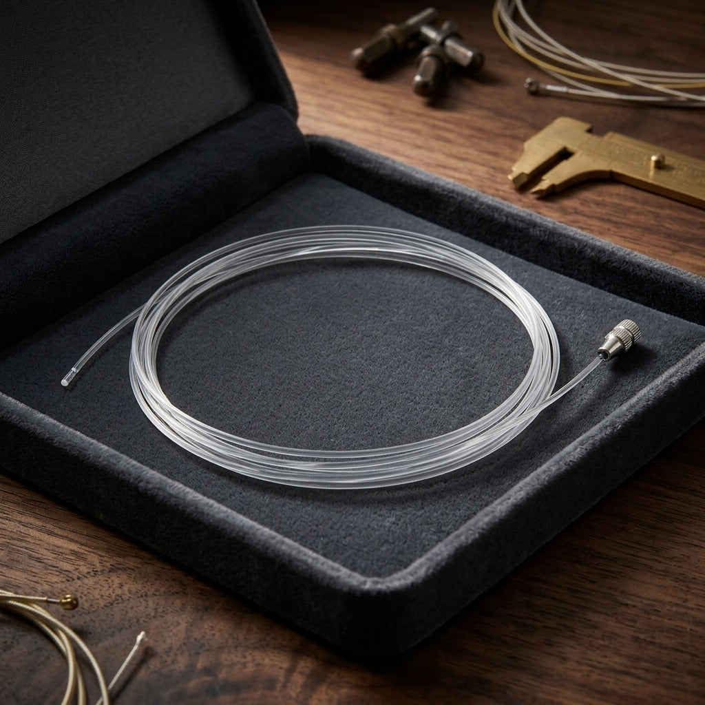 A coiled clear transparent cable or tube resting inside an open black presentation box on a wooden surface, with small metal hardware pieces and tools placed around it.