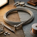 A coiled gray braided cable or wire with a metal connector, arranged on a wooden and stone surface with tools and small hardware nearby.