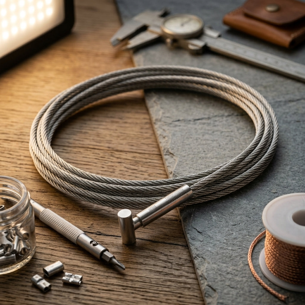A coiled gray braided cable or wire with a metal connector, arranged on a wooden and stone surface with tools and small hardware nearby.