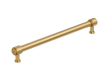 A single long cabinet pull handle with a brushed gold finish, shown diagonally on a plain white background.